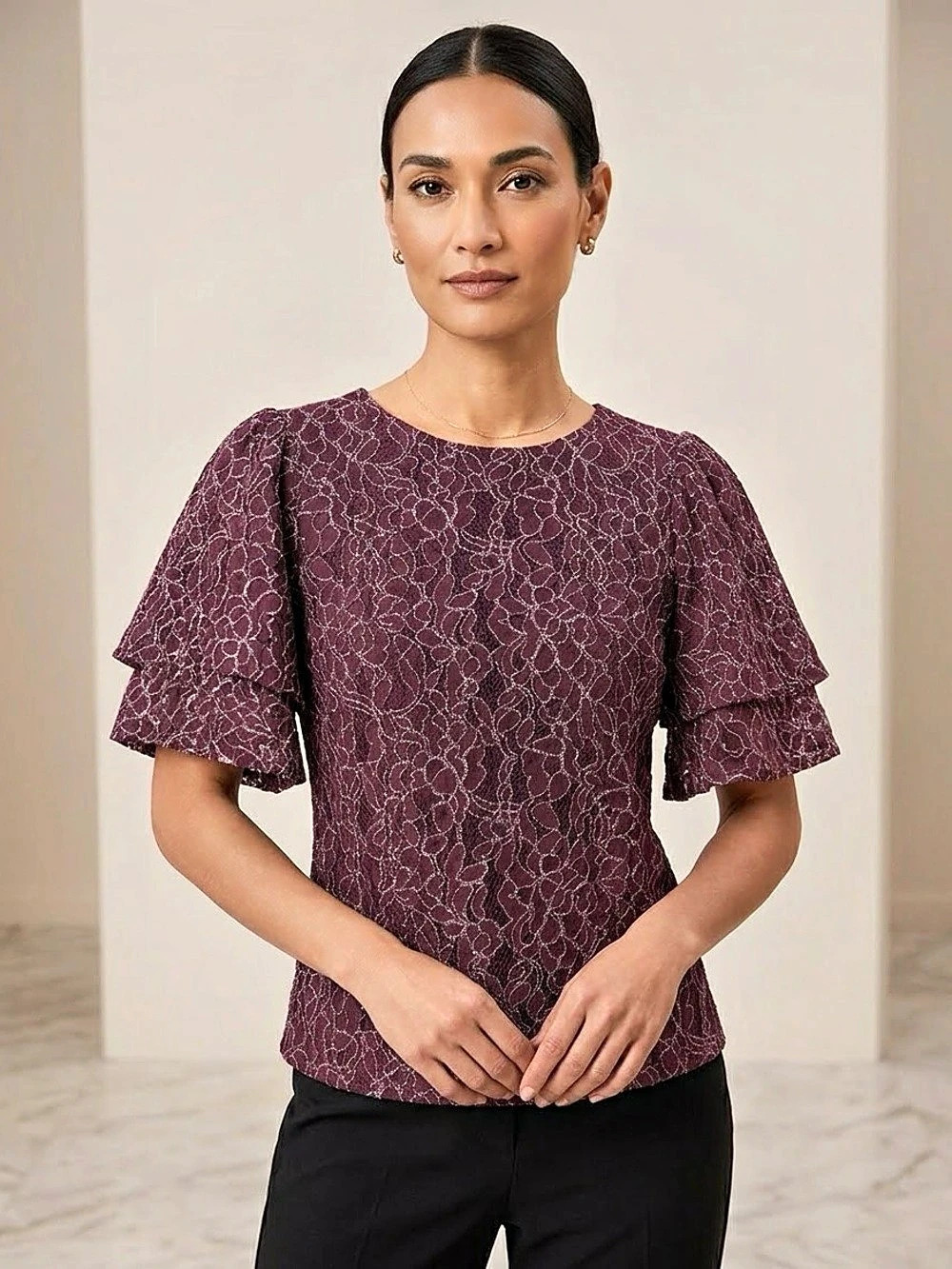 INA Plum Textured Lace Layered Ruffle Sleeve Blouse Top Maroon Burgundy Size L